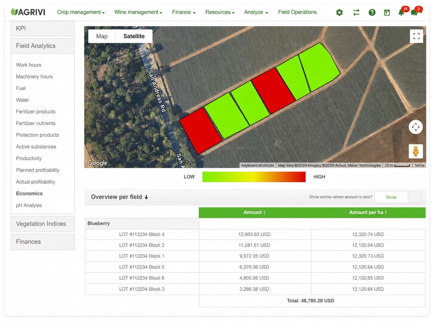AGRIVI 360 FMS field-level economics map and profitability overview per field