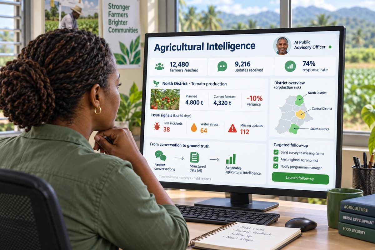 Agricultural intelligence dashboard showing farmers reached, production forecast variance, regional risk signals and targeted follow-up actions