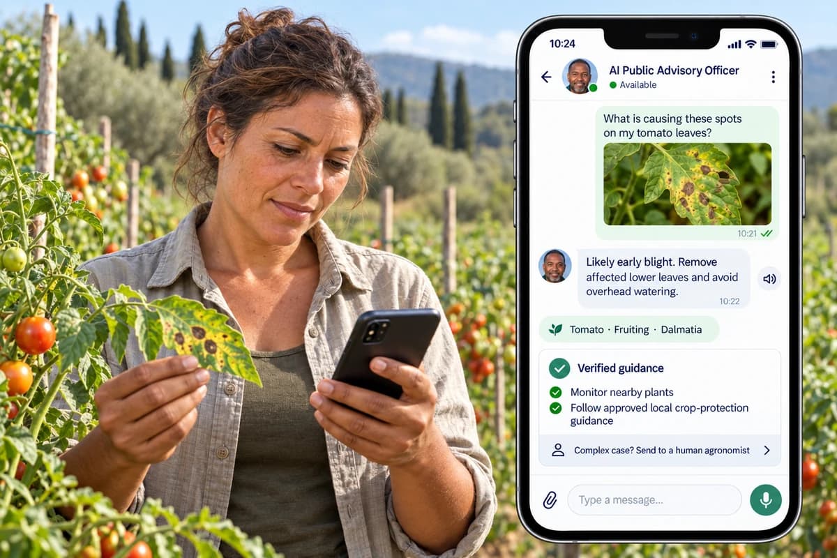 Farmer checking a diseased tomato leaf and receiving verified guidance from the AI Public Advisory Officer, with an option to send the case to a human agronomist