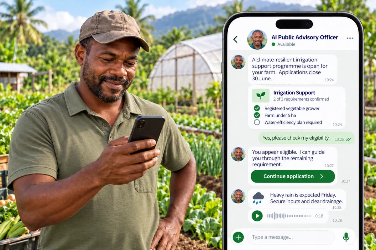 Farmer receiving a proactive irrigation support programme notification with eligibility requirements confirmed and a weather alert
