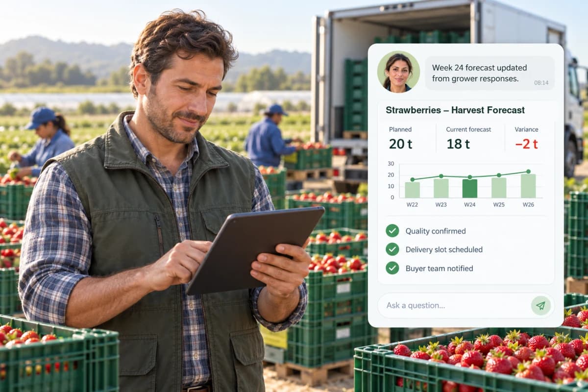 Harvest forecast updated from grower responses, showing planned versus current volume, variance, and delivery confirmations