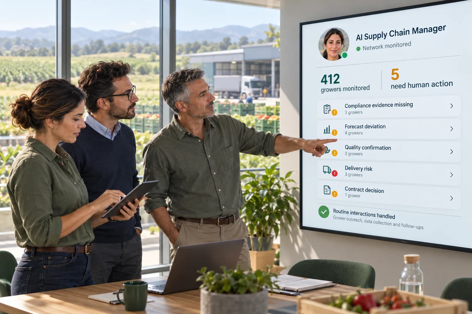 Supply chain team reviewing the AI Supply Chain Manager dashboard on a large screen, showing 412 growers monitored and 5 items that need human action