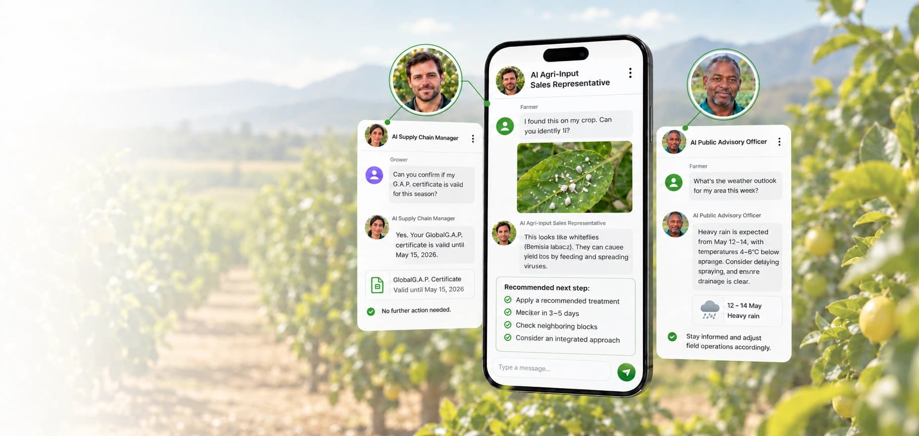 AGRIVI AI Engage conversations for the AI Supply Chain Manager, AI Agri-Input Sales Representative and AI Public Advisory Officer