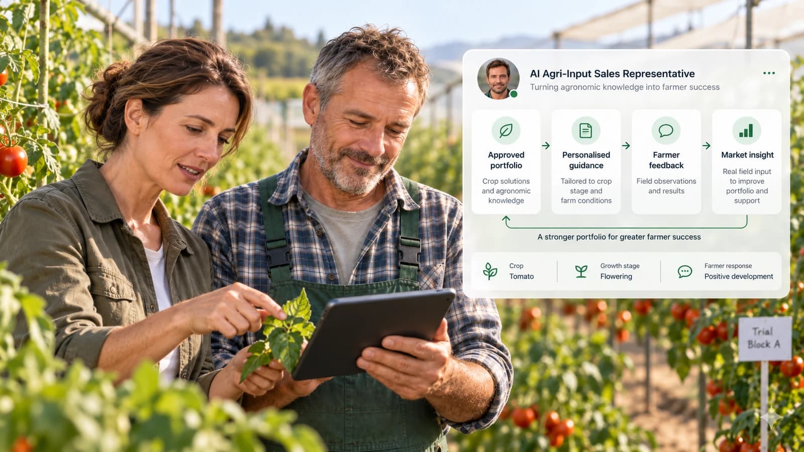 Growers reviewing a tomato crop on a tablet in a greenhouse, with the AI Agri-Input Sales Representative loop overlaid: approved portfolio, personalised guidance, farmer feedback and market insight