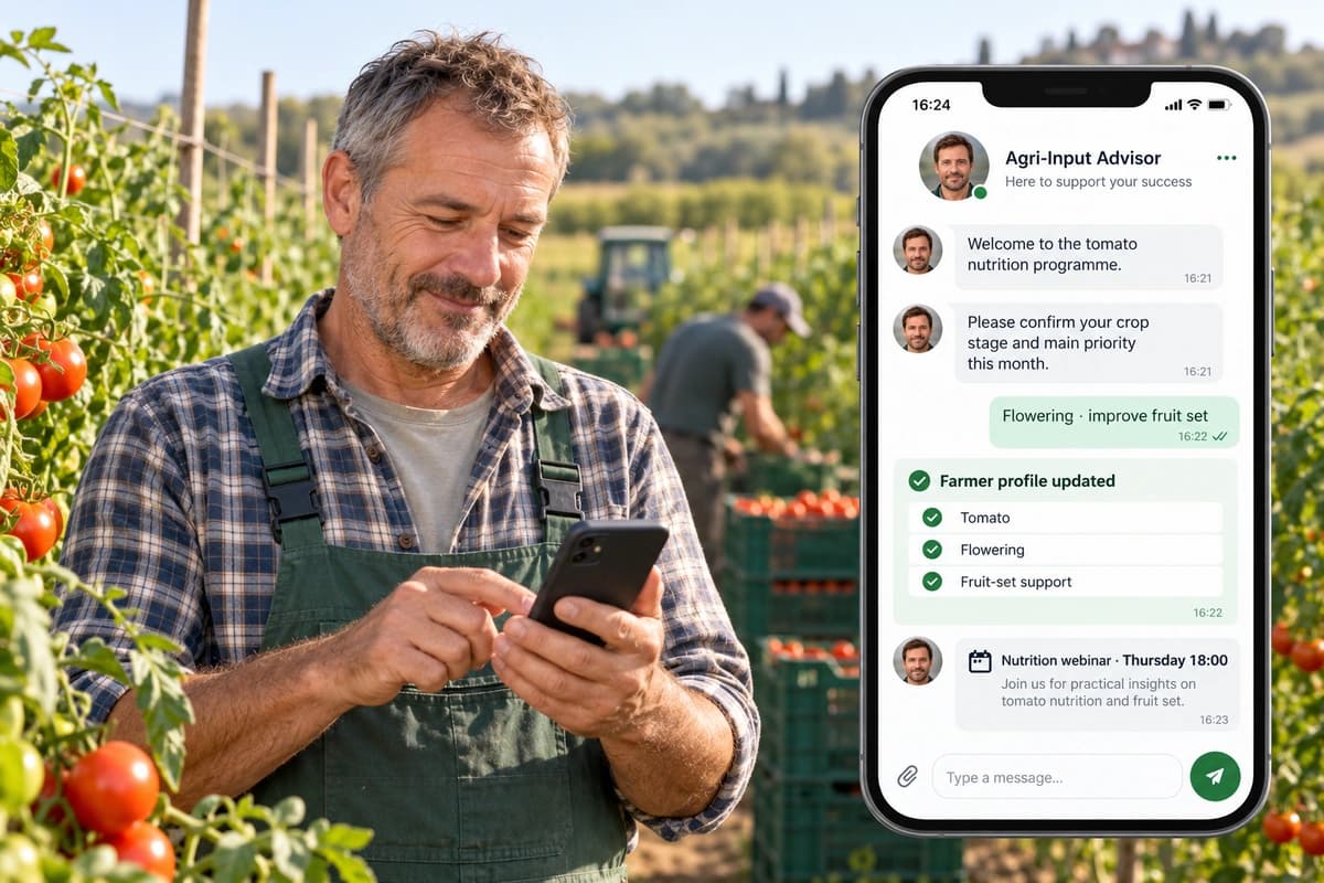 Farmer in a tomato field checking his phone, chatting with the Agri-Input Advisor about a nutrition programme and an upcoming webinar