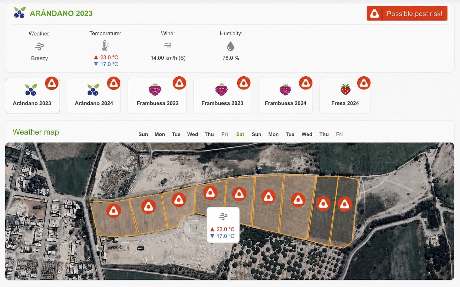 AGRIVI 360 FMS field weather and pest risk map showing multiple contracted farm blocks with pest risk alerts
