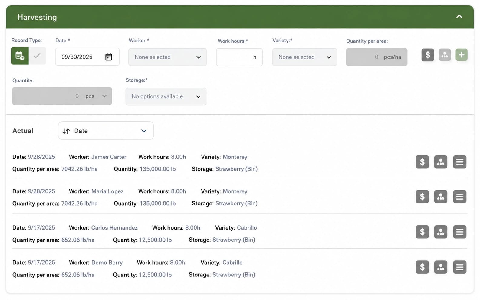 AGRIVI 360 FMS harvesting activity records showing worker, work hours, variety, quantity per area and storage per record
