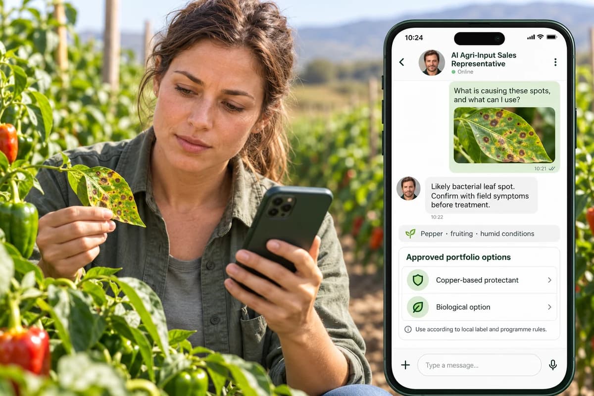 Farmer photographing a diseased pepper leaf and receiving a diagnosis and approved portfolio product options from the AI Agri-Input Sales Representative