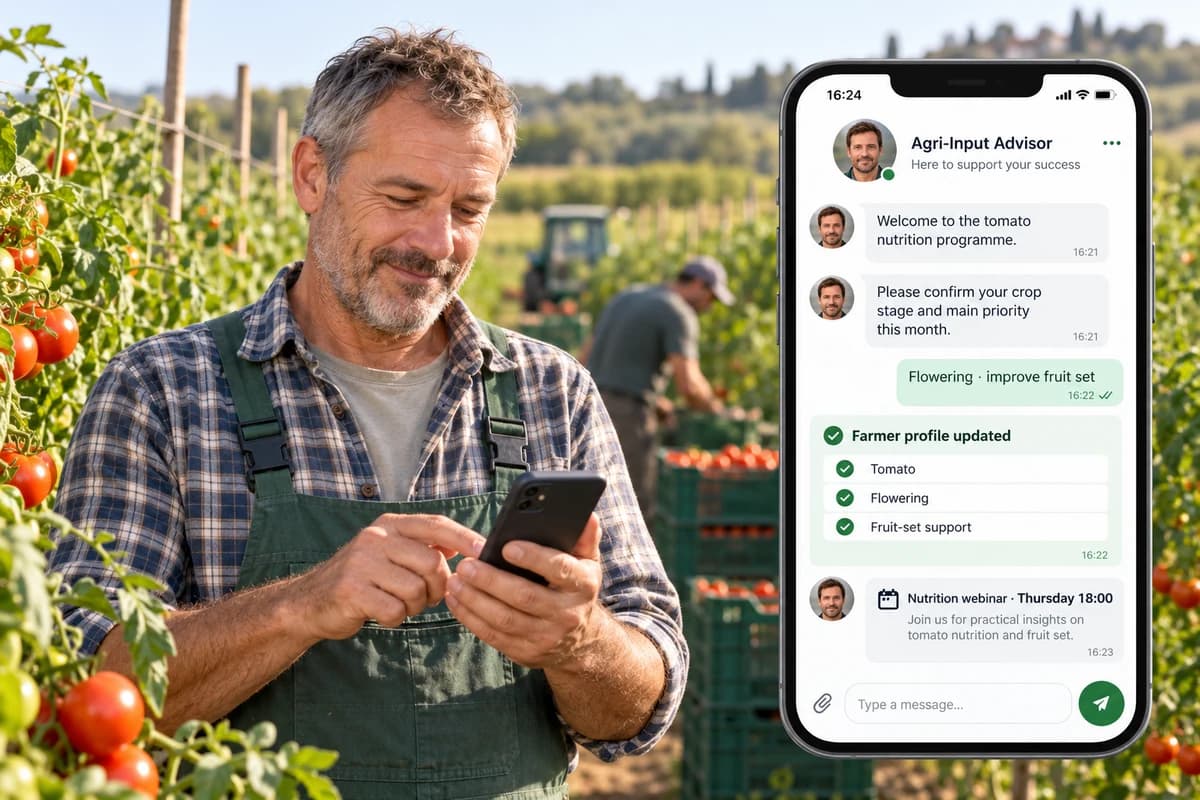 Farmer in the field reviewing a conversation with the Agri-Input Advisor confirming crop stage, priority and an upcoming nutrition webinar