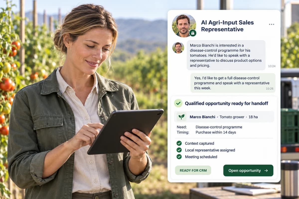 Qualified opportunity ready for handoff, showing the grower, need and timing, with context captured and a local representative assigned