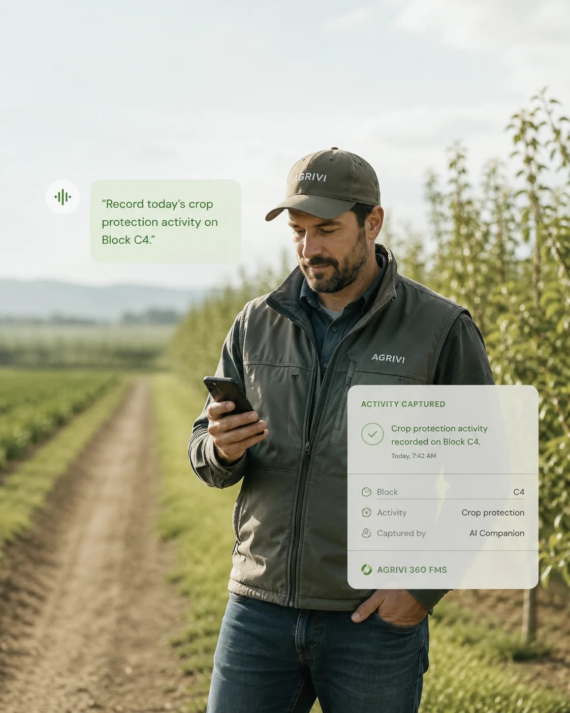 Grower using AI Companion voice input at harvest, capturing the field record in AGRIVI 360 FMS