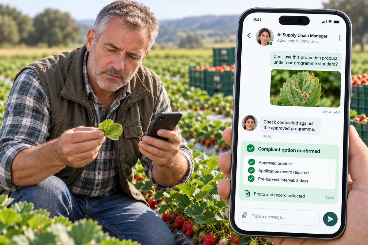 Grower checking a crop protection product against programme standards in a conversation with the AI Supply Chain Manager, with compliant option confirmed and photo record collected