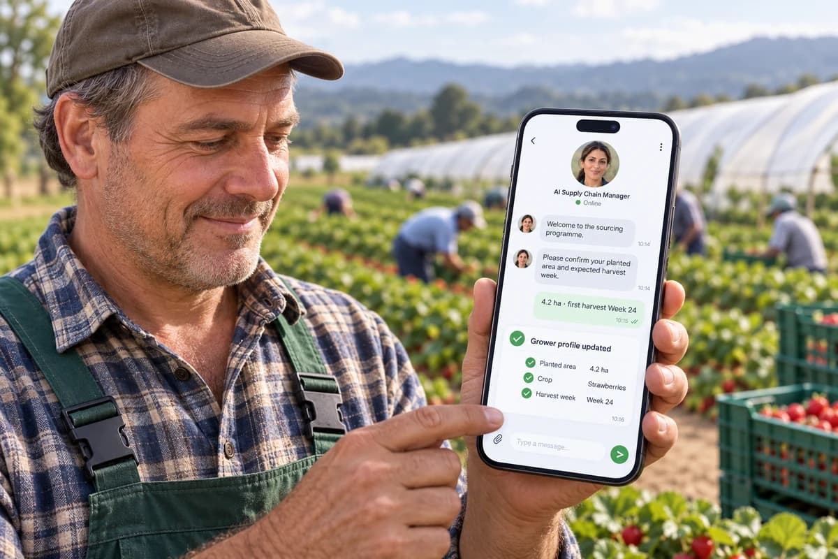 Grower in the field reviewing a conversation with the AI Supply Chain Manager confirming planted area, crop and harvest week for a sourcing programme