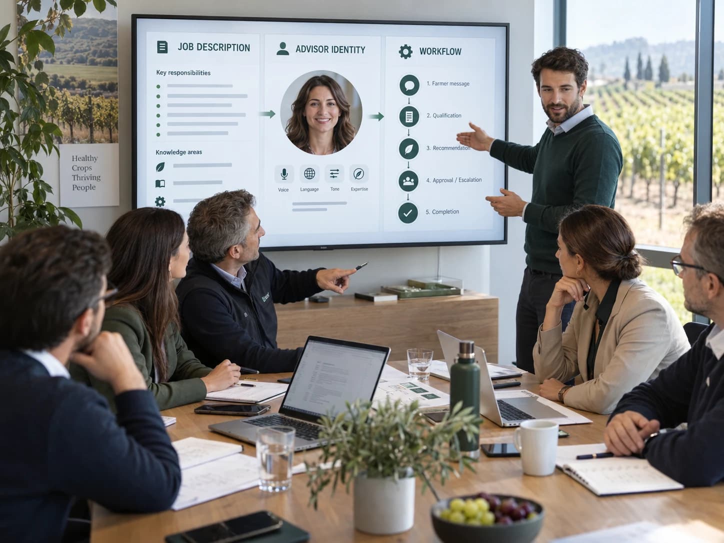 AGRIVI Business Consulting team reviewing a Digital Agent's job description, advisor identity, and workflow configuration with a customer
