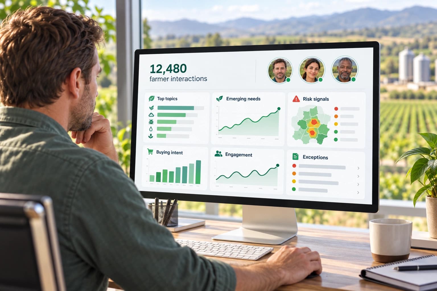 Analytics dashboard showing farmer interactions, top topics, emerging needs, risk signals, buying intent, and engagement