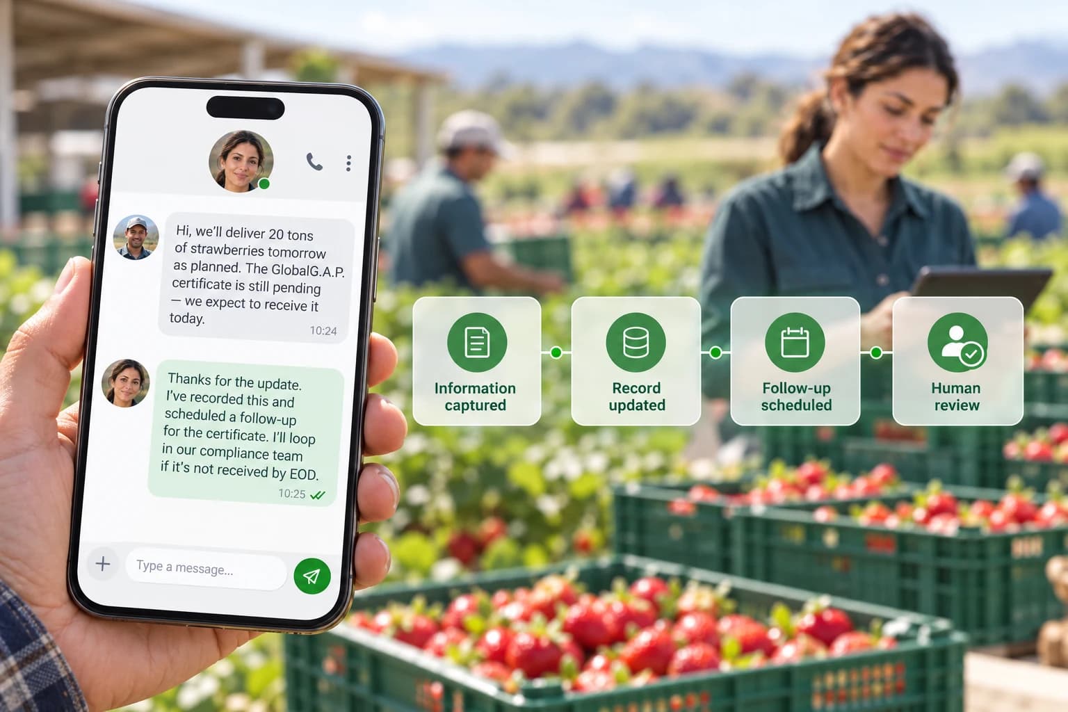 Job workflow steps — information captured, record updated, follow-up scheduled, human review — next to a supply chain conversation