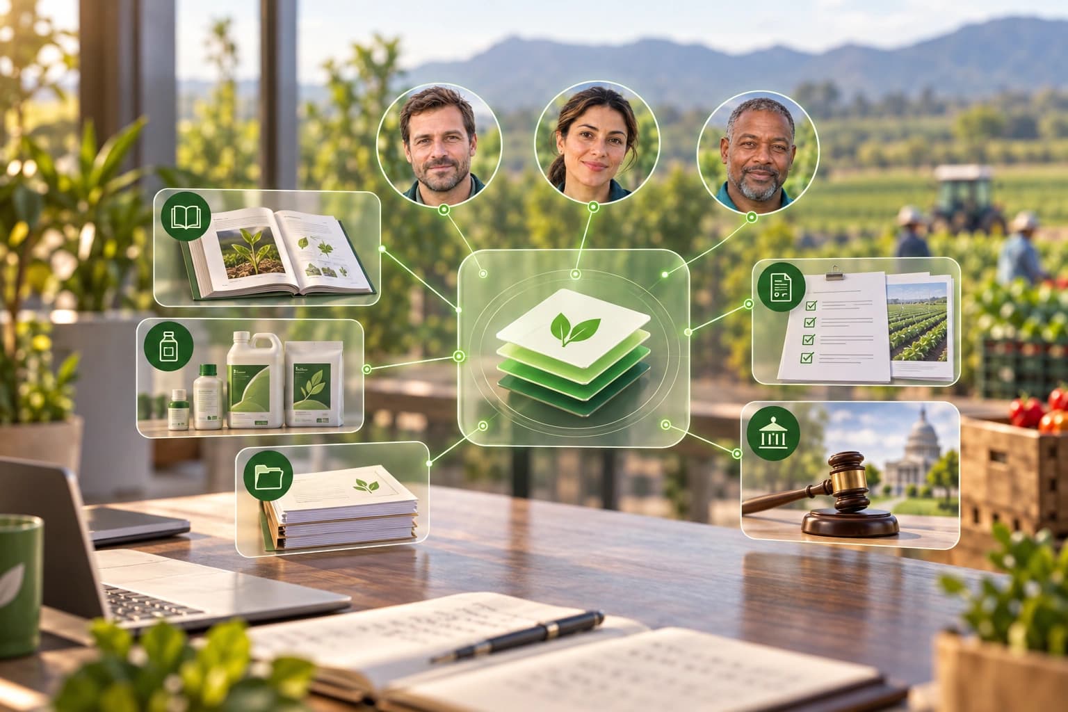 Knowledge sources — agronomy library, product catalogue, protocols, and regulations — feeding into the AI Workforce knowledge layer