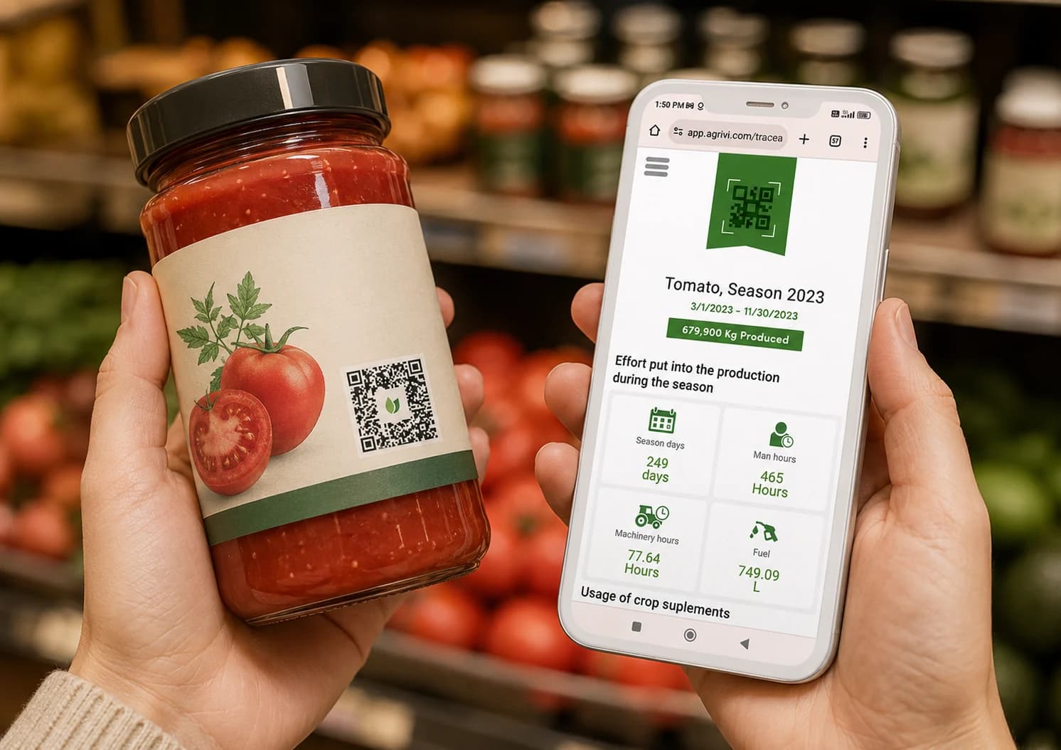 Shopper in a supermarket scanning the QR code on a jar of tomato sauce with an AGRIVI 360 FMS consumer traceability page open on their phone