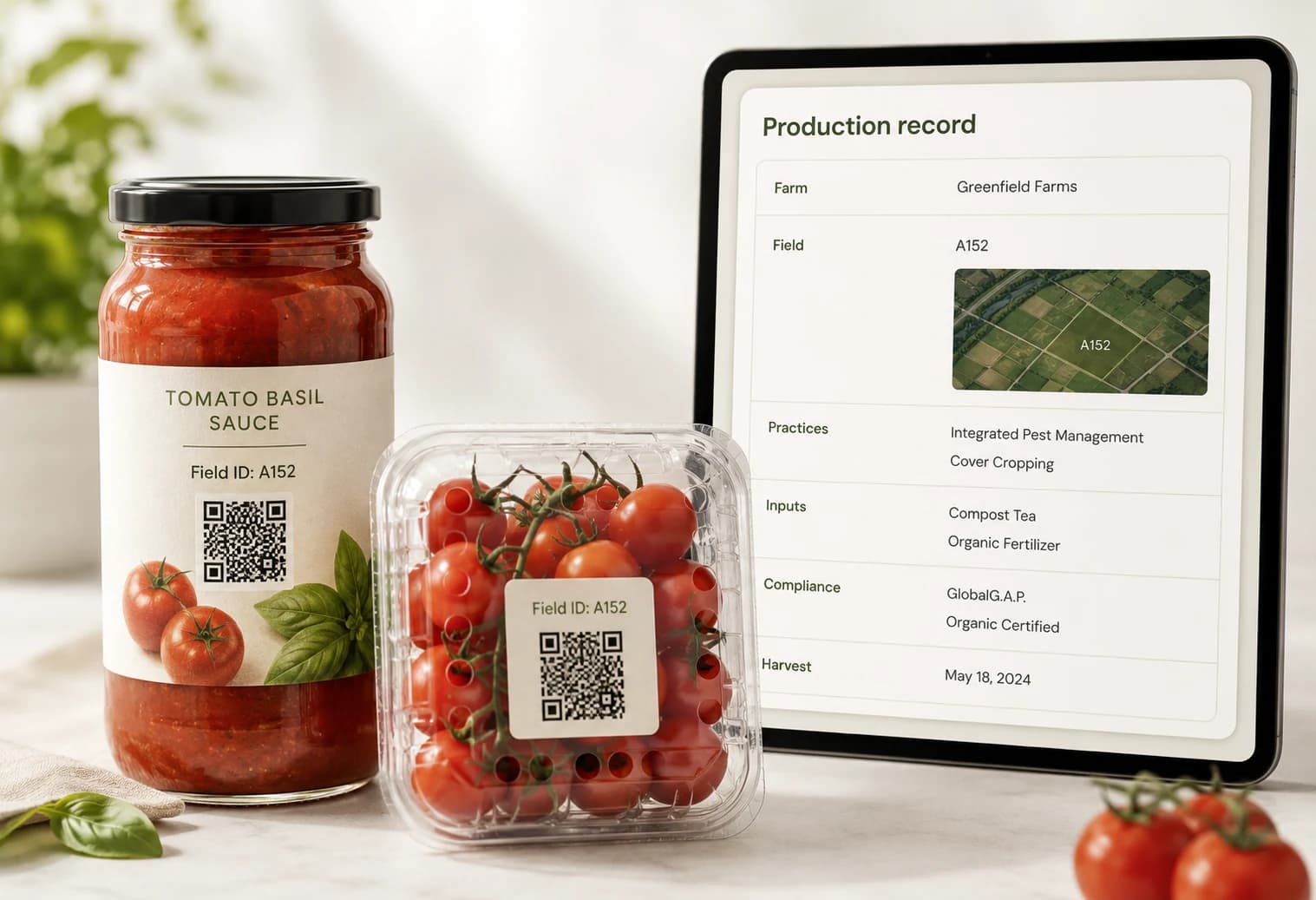 A jarred sauce and a punnet of tomatoes, each labeled with a Field ID and QR code, next to a tablet showing the underlying AGRIVI production record