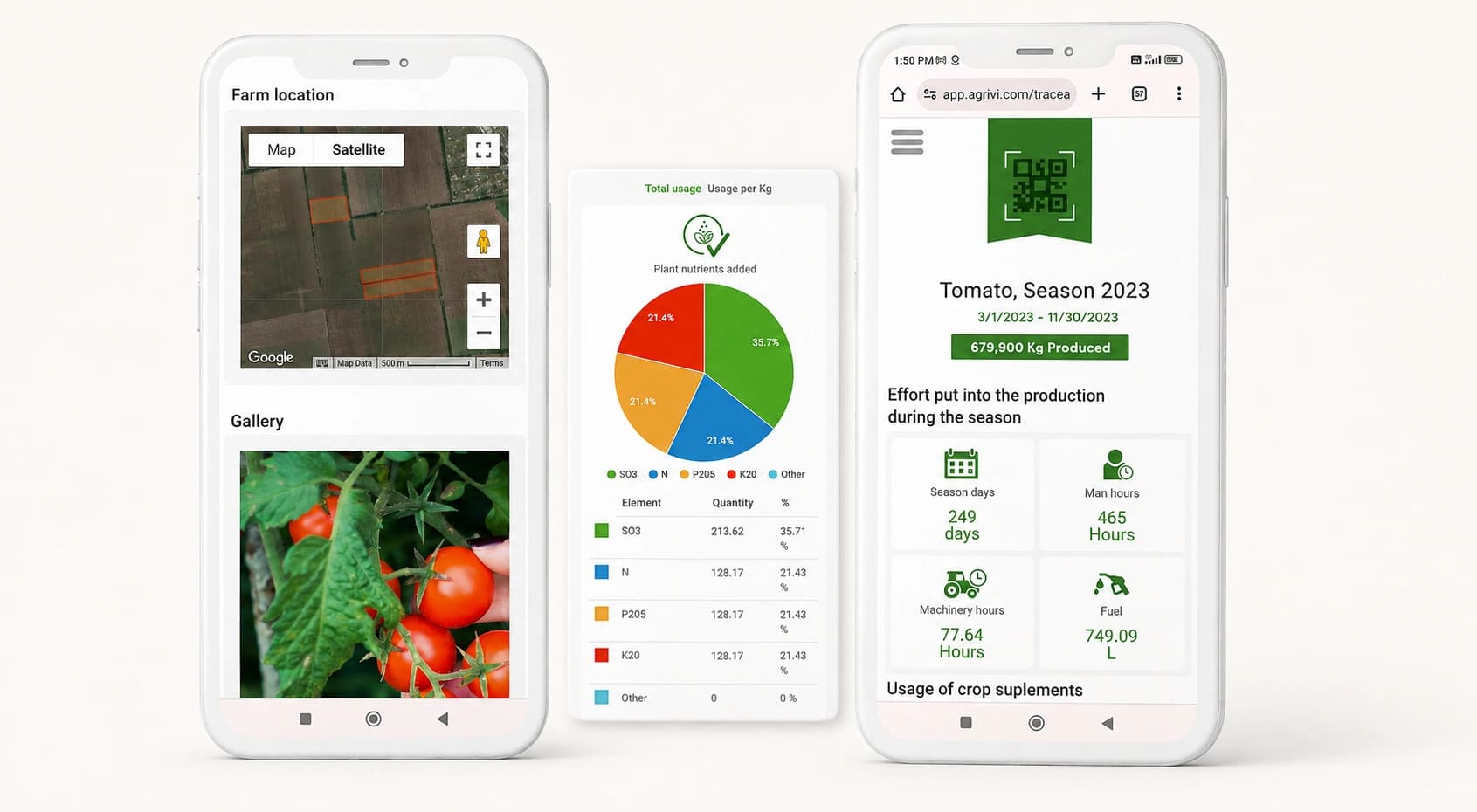 AGRIVI production traceability showing farm location and field origin, crop input usage, and season production summary on mobile