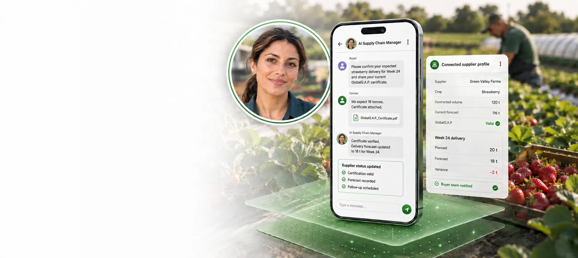 Contracted grower using AI Supply Chain Manager on a smartphone in the field, with AGRIVI AI Engage guidance visible