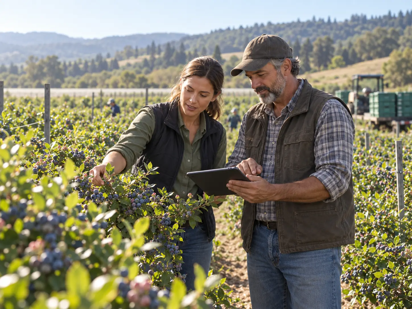 Contracted grower and food company sourcing manager reviewing production in a blueberry field