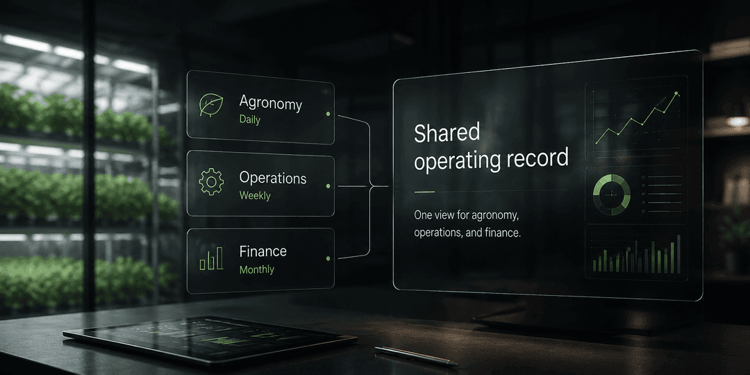 Diagram showing three separate data timelines (agronomy daily, operations weekly, finance monthly) and the shared operating record that aligns them.