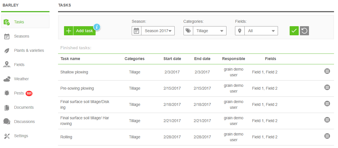 predefined tillage practices in AGRIVI farm management software