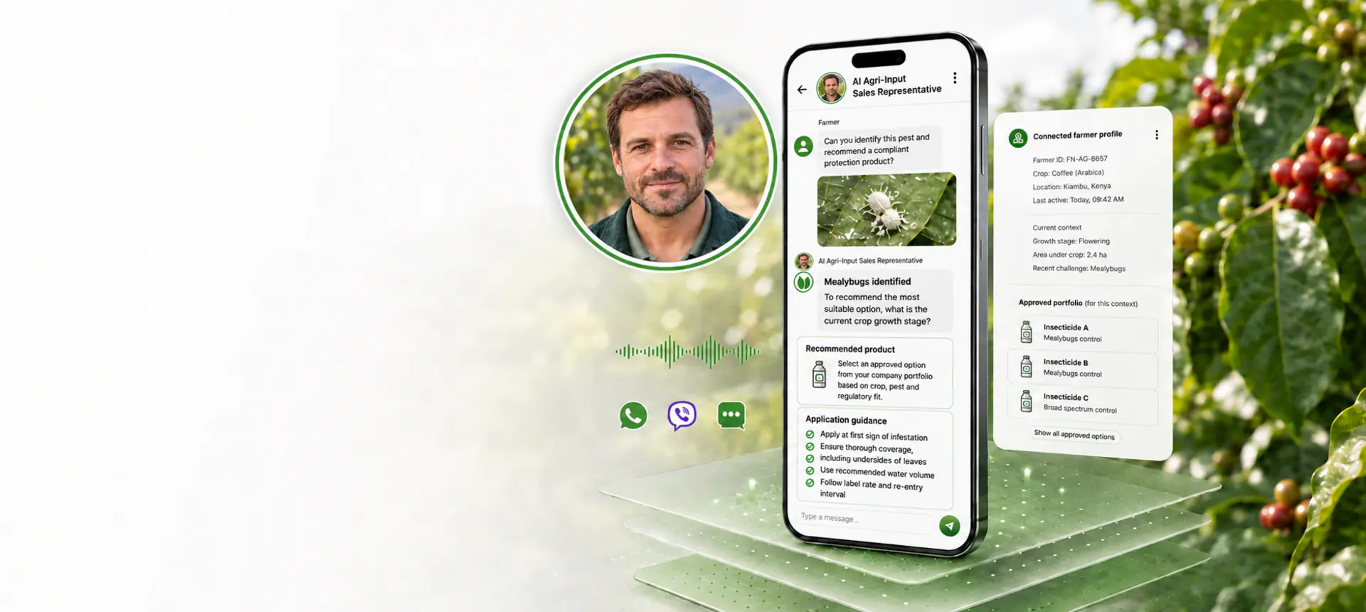 AI Agri-Input Sales Representative conversation identifying a crop pest and recommending an approved product, next to a connected farmer profile