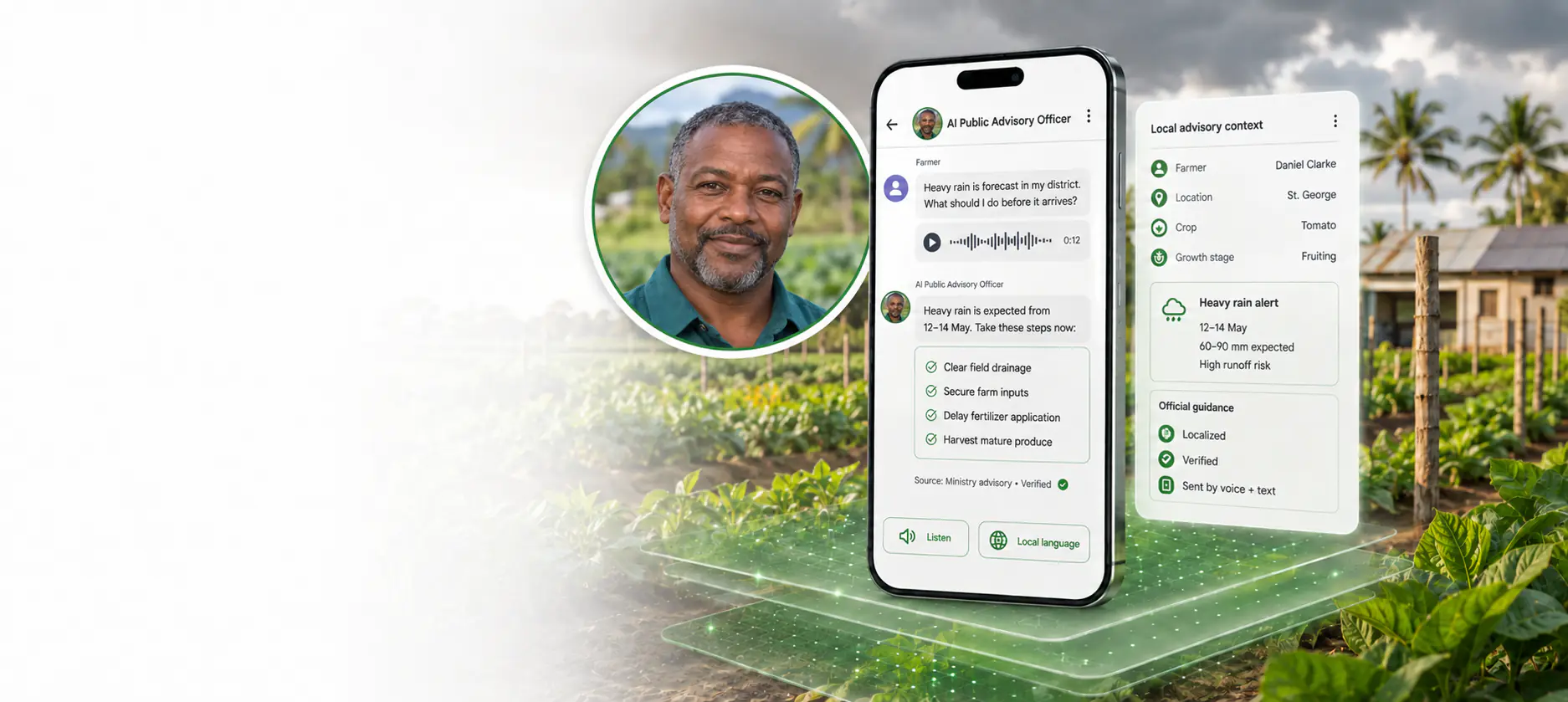AI Public Advisory Officer conversation warning a farmer about heavy rain and recommended steps, next to a local advisory context card