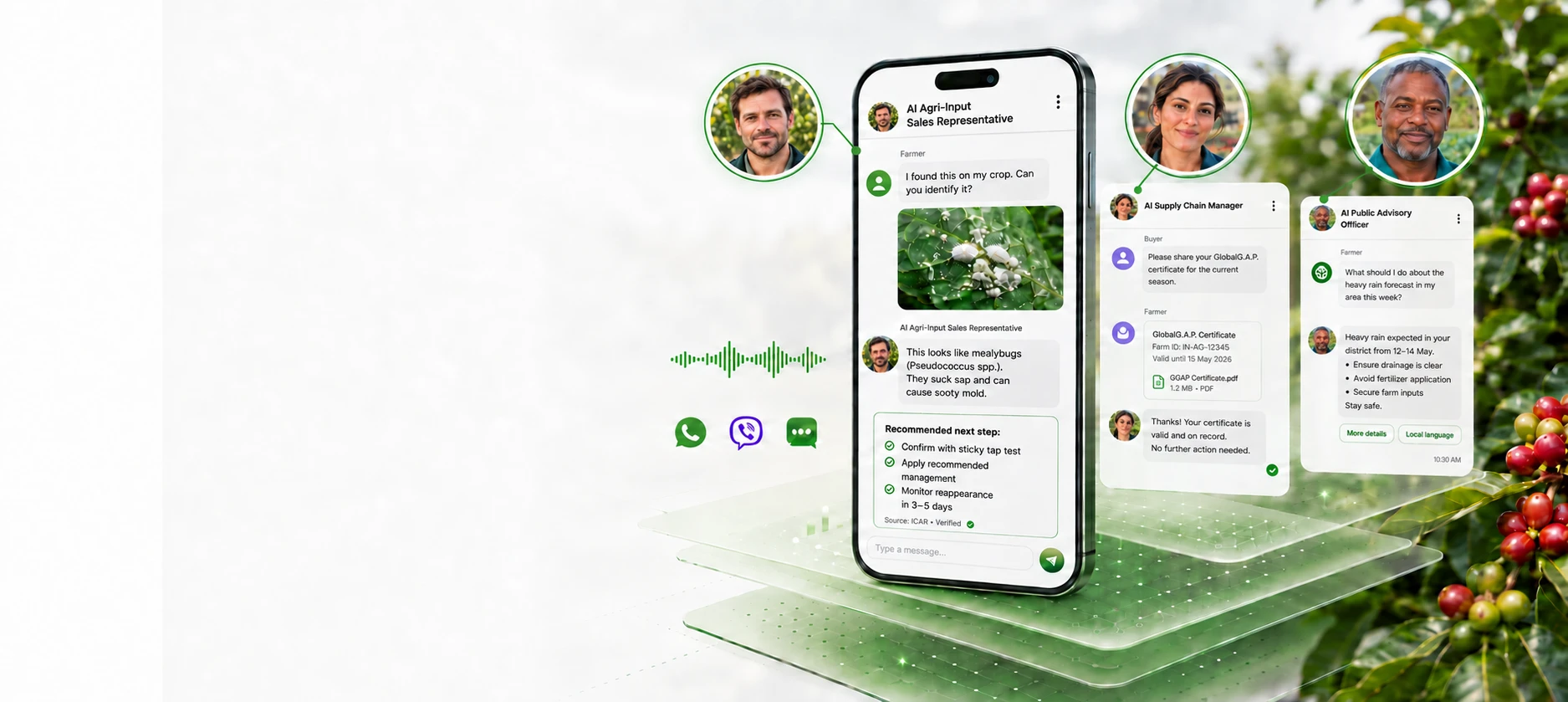 AI Agri-Input Sales Representative, AI Supply Chain Manager, and AI Public Advisory Officer conversations shown on a farmer's phone and floating cards