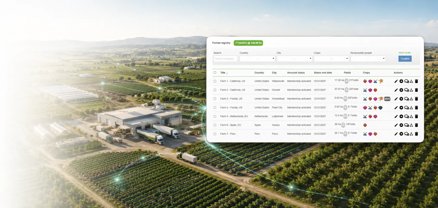 AGRIVI 360 FMS grower registry overlaid on an aerial view of a connected supply chain facility and delivery network