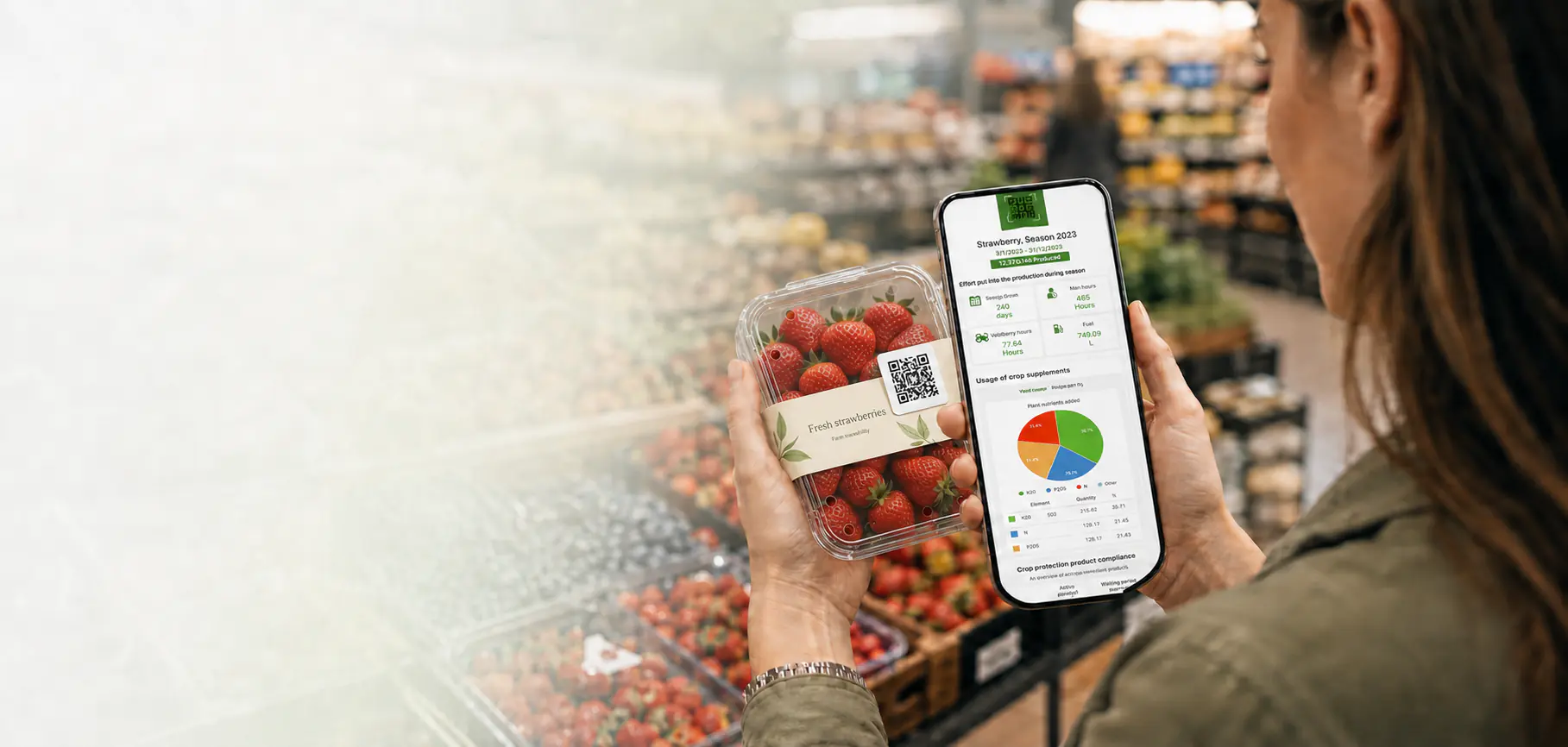 Shopper scanning a QR code on a strawberry punnet in a supermarket, viewing the AGRIVI 360 FMS production traceability season report on a phone