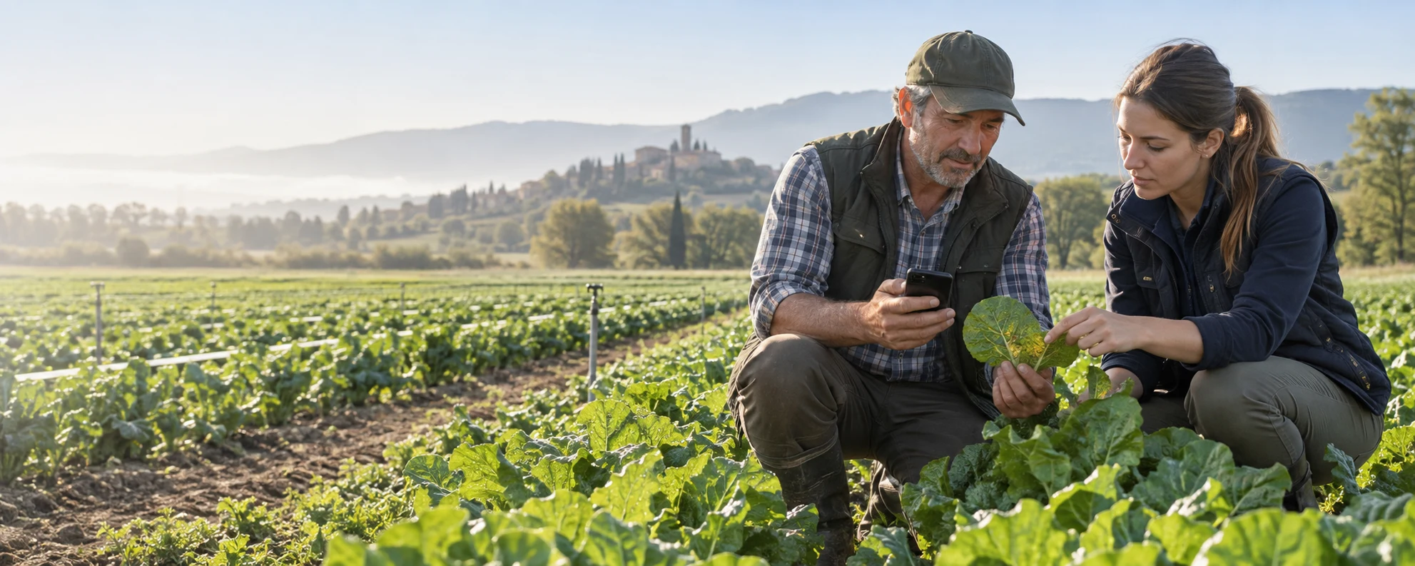 Farmer using a mobile channel to ask about a crop issue in a specialty-crop field, with an agronomist or sales representative visible nearby and an AGRIVI AI Engage conversation shown on the phone