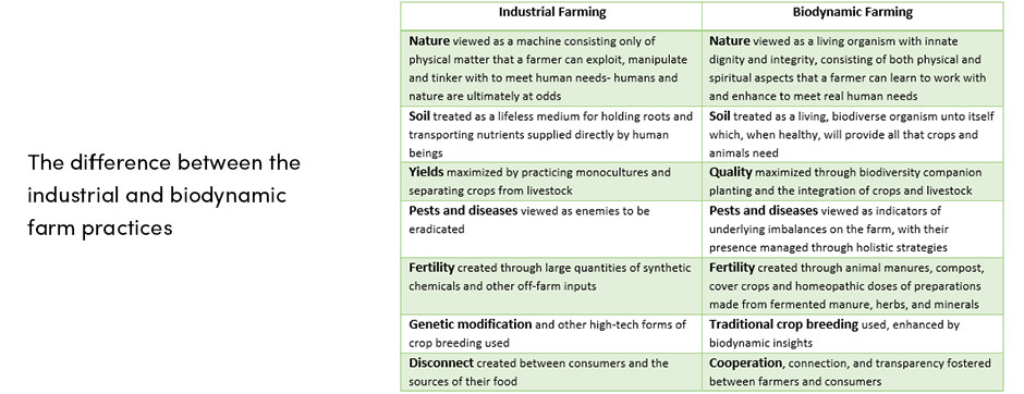 Difference between industrial and biodynamic practices
