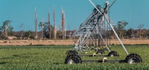 Pivot irrigation system in desert fields.