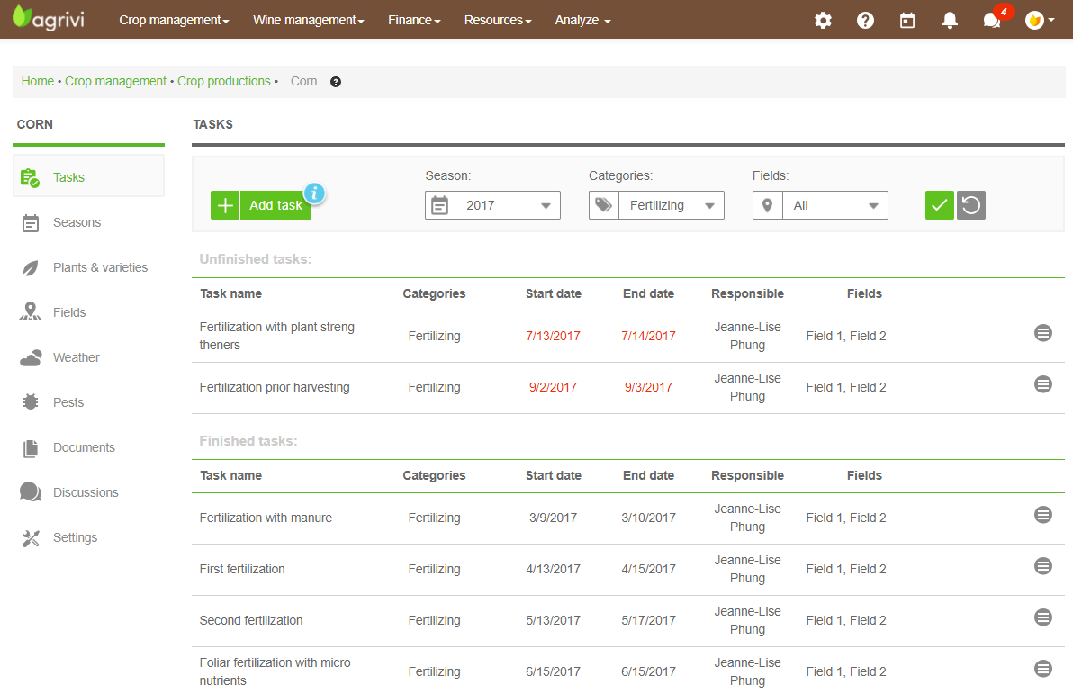 Fertilization plan activities in AGRIVI farm management software