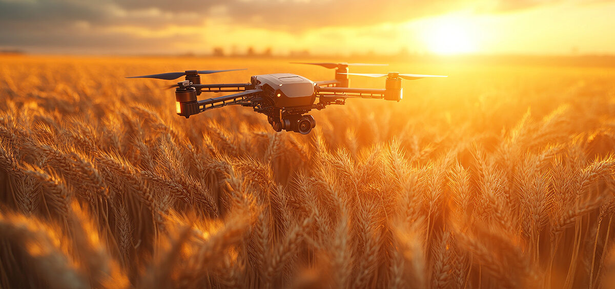 Dron iznad polja pšenice pri zalasku sunca, kao prikaz prikupljanja podataka za ciljanu zaštitu usjeva u projektu AgriDrone. ciljani tretmani u pšenici