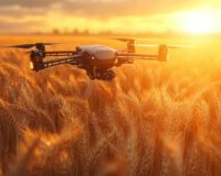 Drone flying over a wheat field at sunset during the AgriDrone project, illustrating data capture for targeted wheat protection.