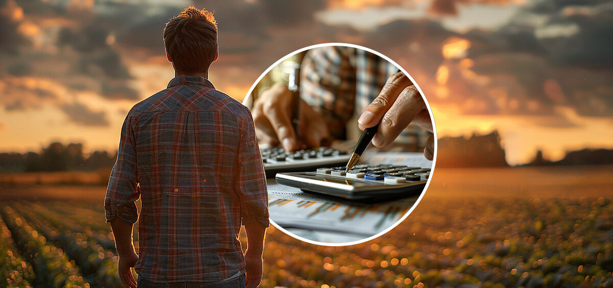 Cost per hectare calculation: farm owner reviewing field costs at sunset