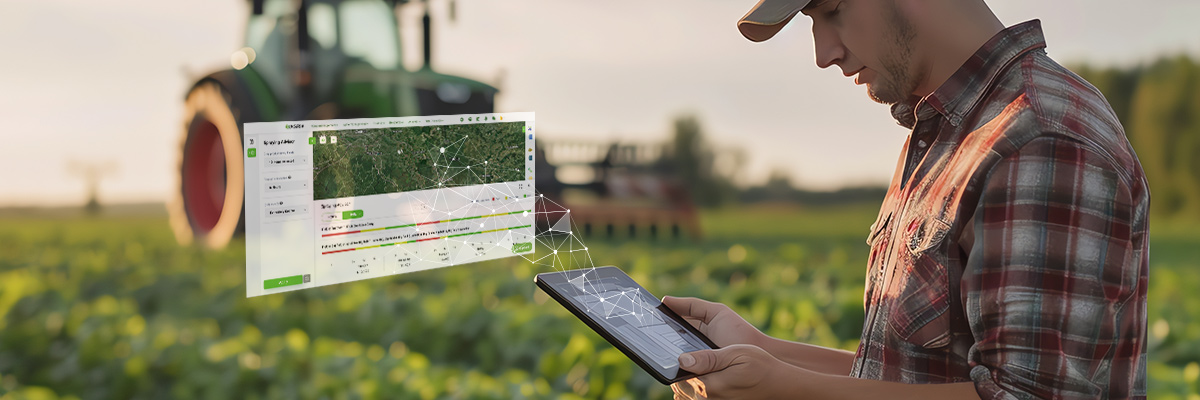 Agronomist reviewing spray window timing data on a farm management dashboard in the field