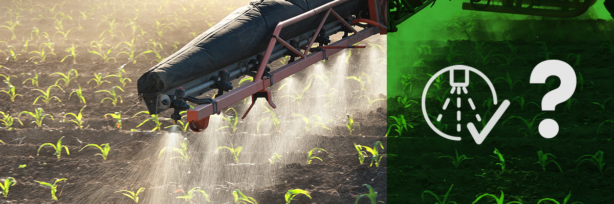 Crop spraying in a young field with a question mark icon showing uncertainty without clear farm operations visibility