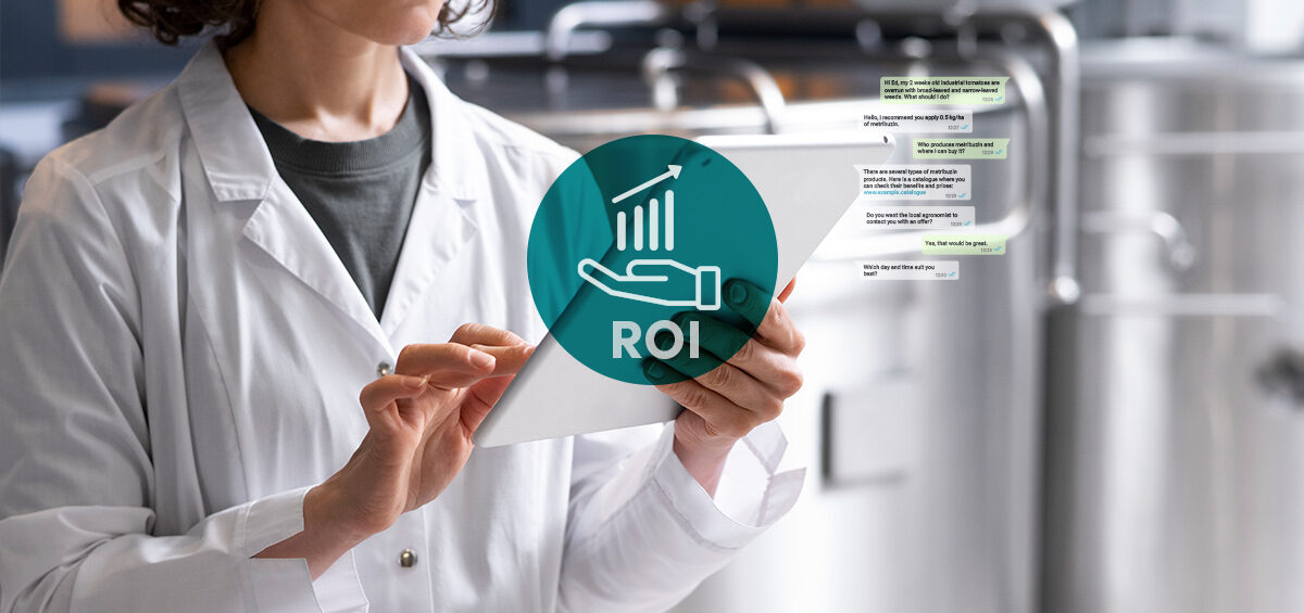 ROI of AI advisory in agriculture - scientist reviewing AI advisor engagement metrics and farmer conversation data on a tablet