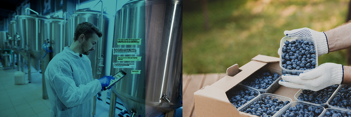 AI advisor engagement depth metric - agrochemical company representative reviewing farmer interaction data and blueberry supply chain on a tablet