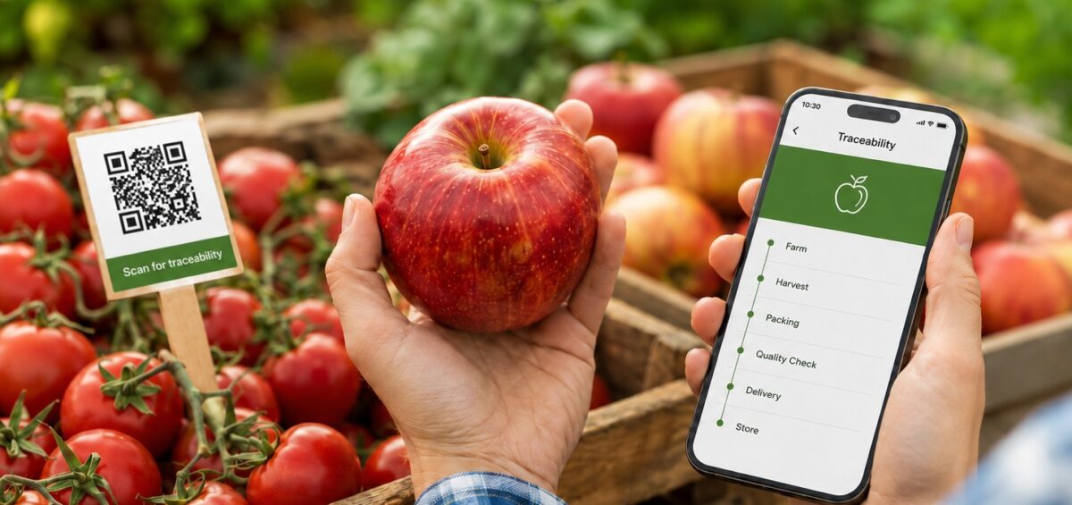 CSRD food traceability in action: consumer scans QR code on an apple, revealing AGRIVI farm-to-shelf supply chain data.