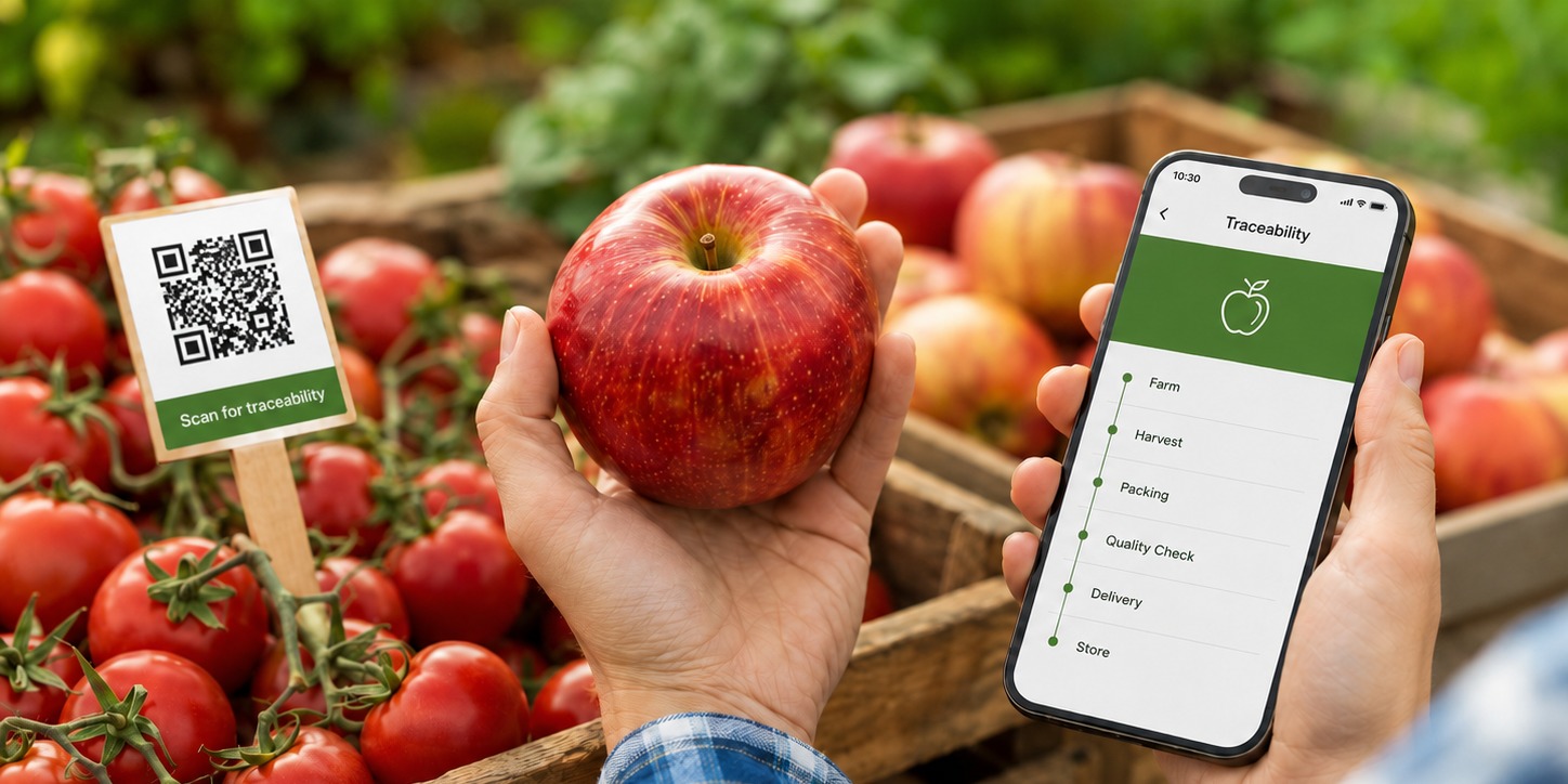 CSRD food traceability in action: consumer scans QR code on an apple, revealing AGRIVI farm-to-shelf supply chain data.