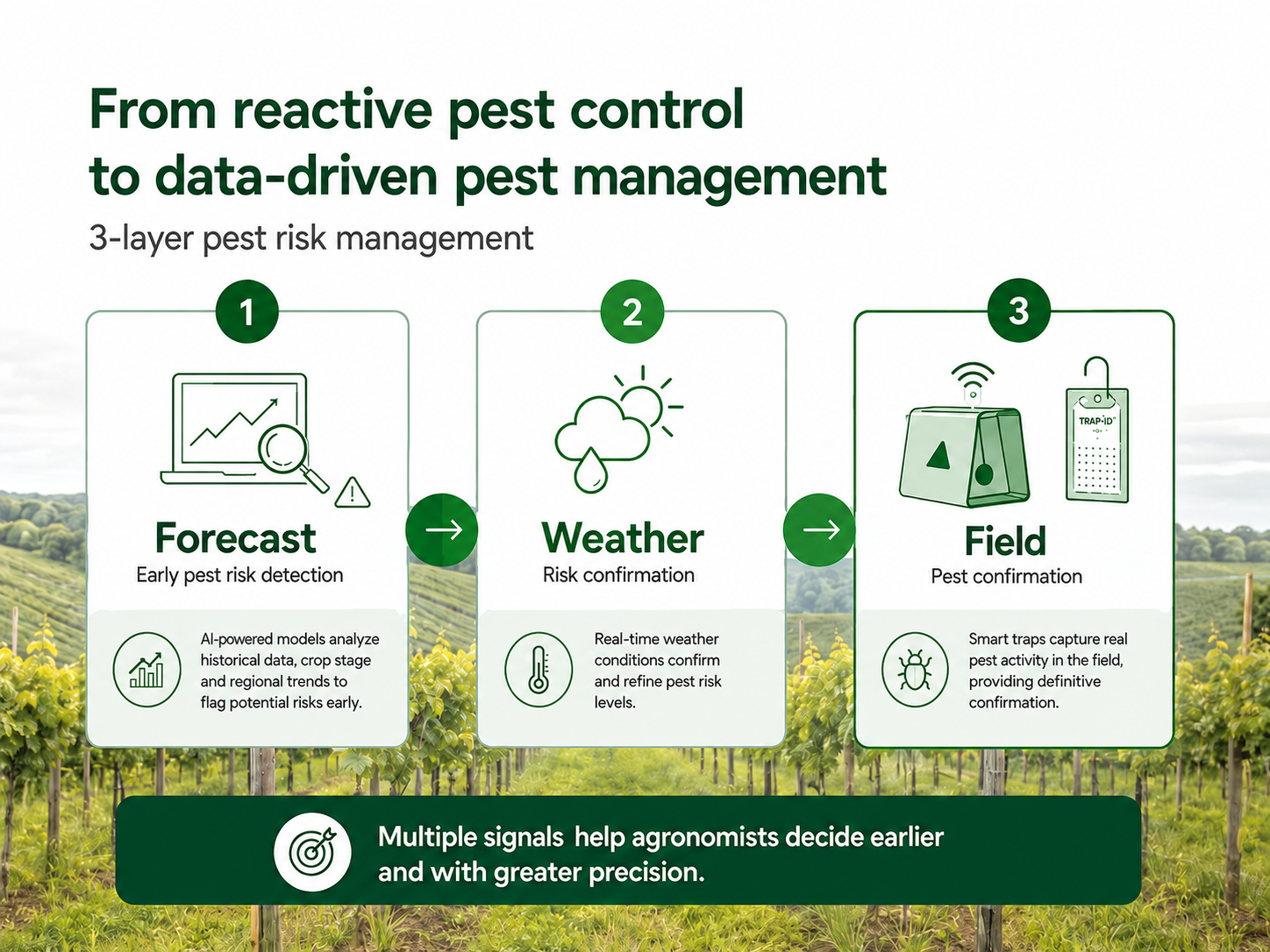 Infographic or diagram showing the 3-layer pest risk management framework: (1) Early Pest Risk Detection via forecasts, (2) Risk Confirmation via weather stations, (3) Pest Confirmation via pest traps