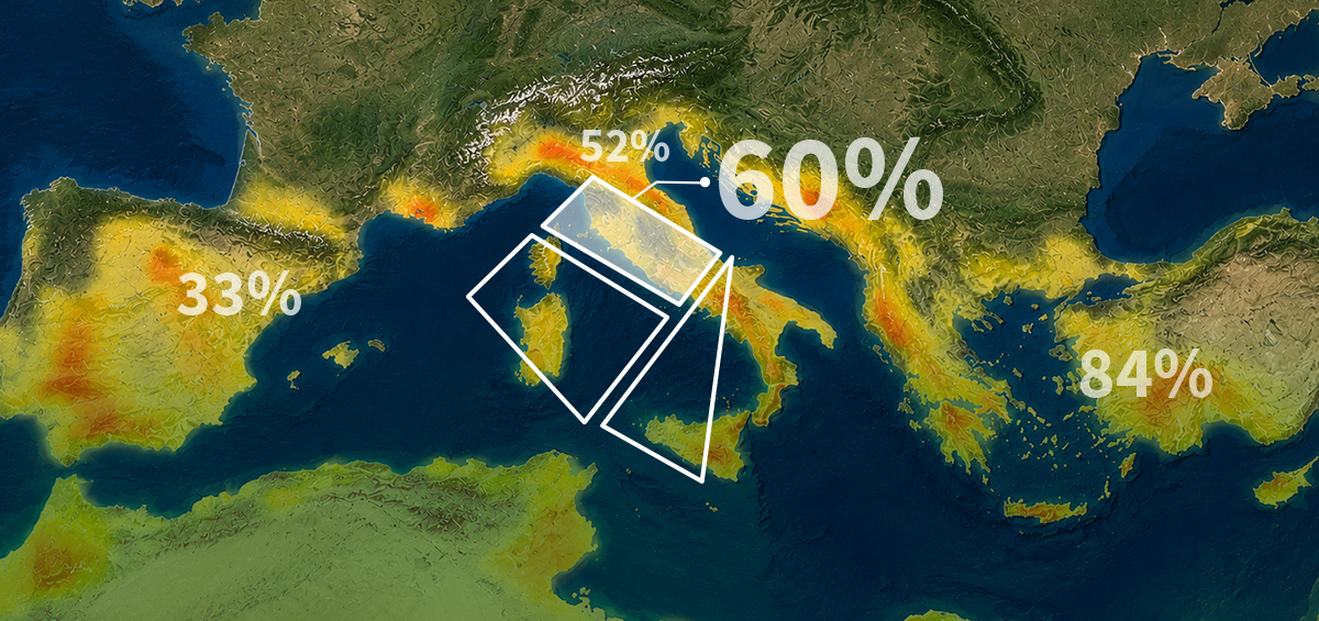 Satellite map of the Mediterranean region showing drought-affected zones in 2026, with soil moisture deficit percentages across Spain, France, Italy, and the Eastern Mediterranean.