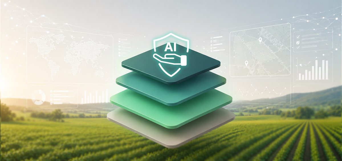 Four stacked translucent layers topped with a glowing AI shield and hand icon, layered over a farm field at sunrise with abstract map and data overlays, representing the four-layer knowledge architecture behind agricultural AI advisory deployments.
