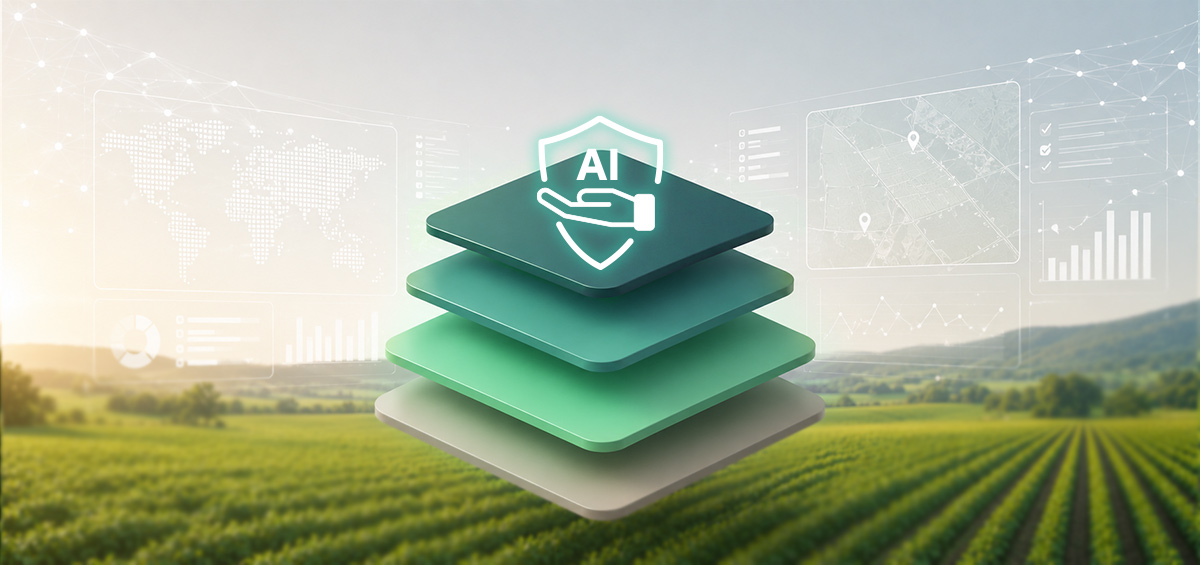 Four stacked translucent layers topped with a glowing AI shield and hand icon, layered over a farm field at sunrise with abstract map and data overlays, representing the four-layer knowledge architecture behind agricultural AI advisory deployments.